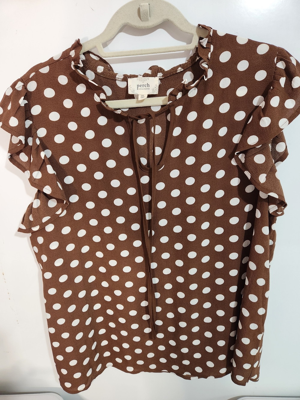 Blu Pepper Brown and White Polka Dot Ruffle Sleeve Tie-Neck Blouse